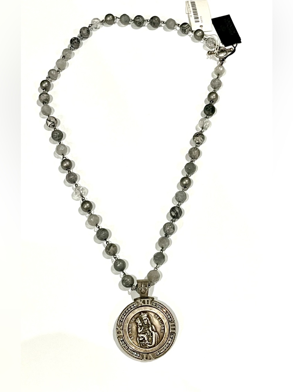 New French Kande Gray Beaded Religious Medallion Necklace